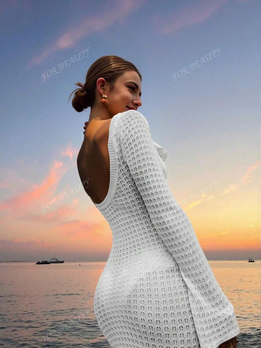 PARA BELEZA Vestido feminino primavera e verão, novo, bege, cor sólida, slim fit, sexy, sem costas, simples e atmosférico, de malha, manga comprida, lua de mel, casamento, temporada, praia, férias, estilo, transparente, vazado