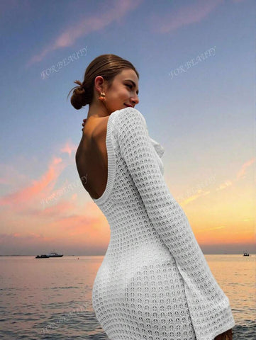 PARA BELEZA Vestido feminino primavera e verão, novo, bege, cor sólida, slim fit, sexy, sem costas, simples e atmosférico, de malha, manga comprida, lua de mel, casamento, temporada, praia, férias, estilo, transparente, vazado