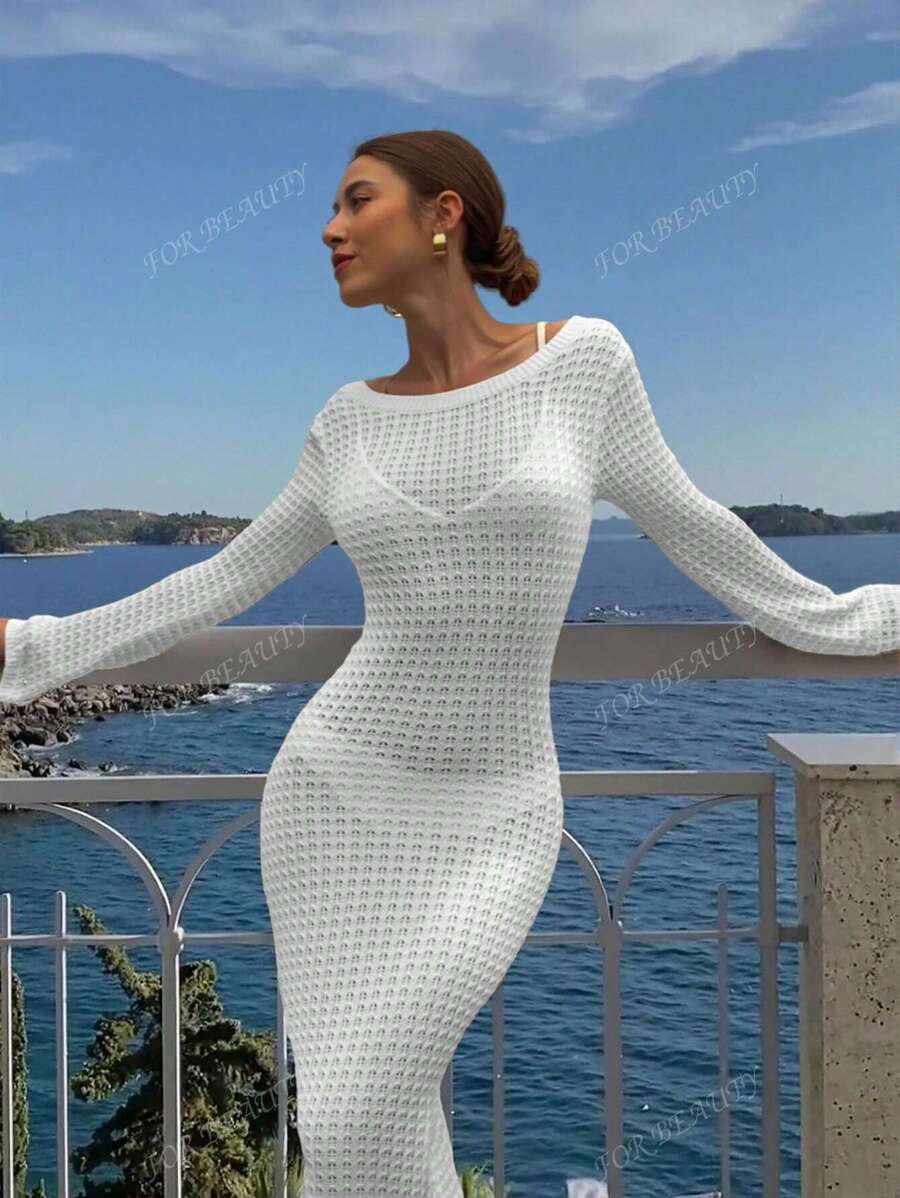 PARA BELEZA Vestido feminino primavera e verão, novo, bege, cor sólida, slim fit, sexy, sem costas, simples e atmosférico, de malha, manga comprida, lua de mel, casamento, temporada, praia, férias, estilo, transparente, vazado