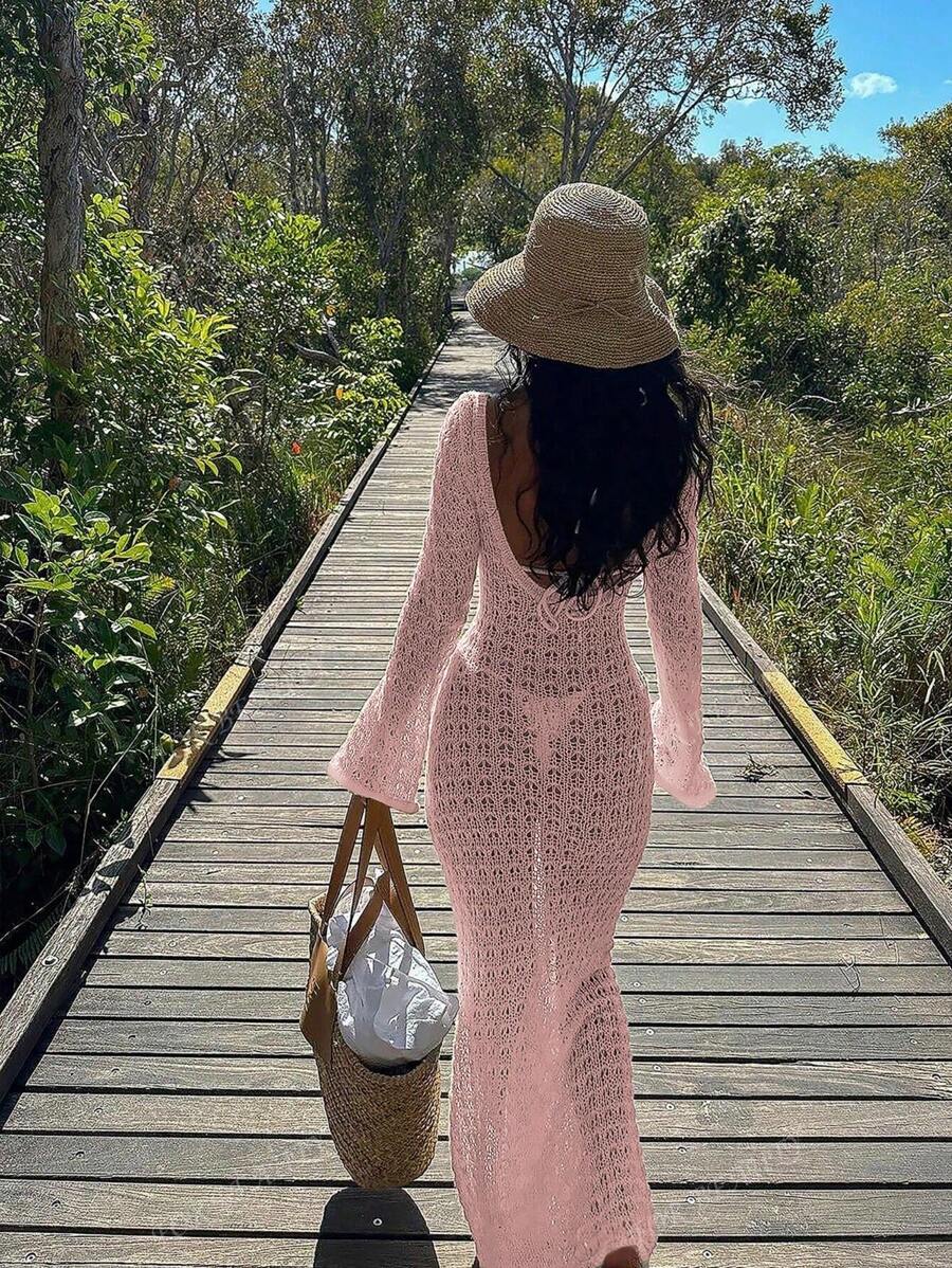 PARA BELEZA Vestido feminino primavera e verão, novo, bege, cor sólida, slim fit, sexy, sem costas, simples e atmosférico, de malha, manga comprida, lua de mel, casamento, temporada, praia, férias, estilo, transparente, vazado