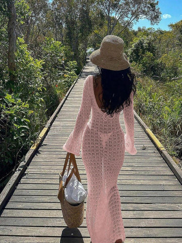PARA BELEZA Vestido feminino primavera e verão, novo, bege, cor sólida, slim fit, sexy, sem costas, simples e atmosférico, de malha, manga comprida, lua de mel, casamento, temporada, praia, férias, estilo, transparente, vazado