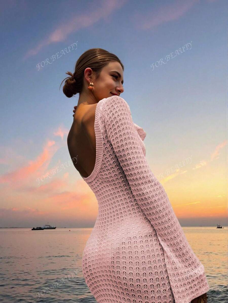 PARA BELEZA Vestido feminino primavera e verão, novo, bege, cor sólida, slim fit, sexy, sem costas, simples e atmosférico, de malha, manga comprida, lua de mel, casamento, temporada, praia, férias, estilo, transparente, vazado
