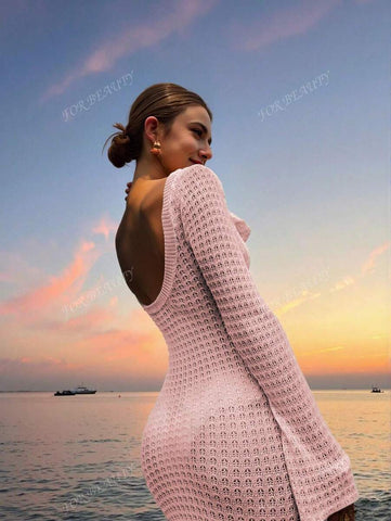 PARA BELEZA Vestido feminino primavera e verão, novo, bege, cor sólida, slim fit, sexy, sem costas, simples e atmosférico, de malha, manga comprida, lua de mel, casamento, temporada, praia, férias, estilo, transparente, vazado