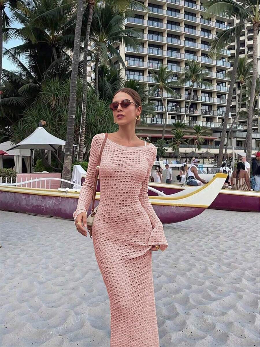 PARA BELEZA Vestido feminino primavera e verão, novo, bege, cor sólida, slim fit, sexy, sem costas, simples e atmosférico, de malha, manga comprida, lua de mel, casamento, temporada, praia, férias, estilo, transparente, vazado