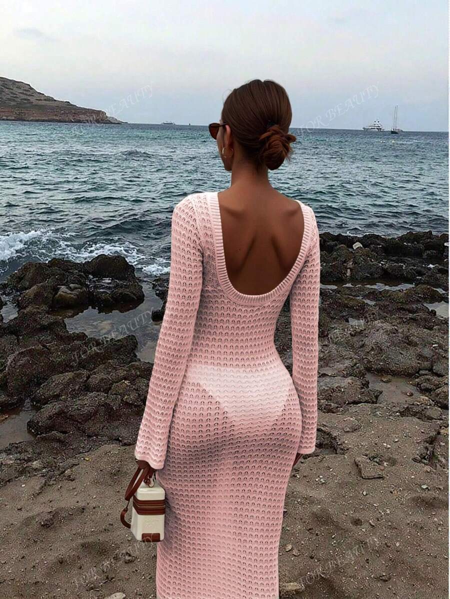 PARA BELEZA Vestido feminino primavera e verão, novo, bege, cor sólida, slim fit, sexy, sem costas, simples e atmosférico, de malha, manga comprida, lua de mel, casamento, temporada, praia, férias, estilo, transparente, vazado