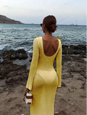 PARA BELEZA Vestido feminino primavera e verão, novo, bege, cor sólida, slim fit, sexy, sem costas, simples e atmosférico, de malha, manga comprida, lua de mel, casamento, temporada, praia, férias, estilo, transparente, vazado