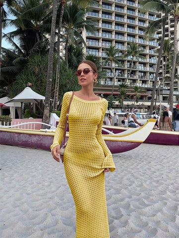 PARA BELEZA Vestido feminino primavera e verão, novo, bege, cor sólida, slim fit, sexy, sem costas, simples e atmosférico, de malha, manga comprida, lua de mel, casamento, temporada, praia, férias, estilo, transparente, vazado