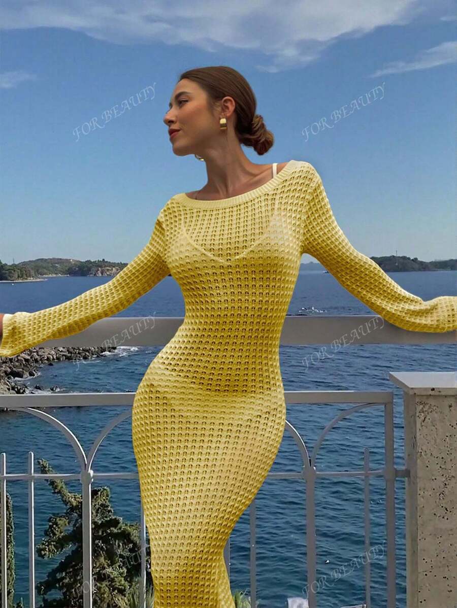 PARA BELEZA Vestido feminino primavera e verão, novo, bege, cor sólida, slim fit, sexy, sem costas, simples e atmosférico, de malha, manga comprida, lua de mel, casamento, temporada, praia, férias, estilo, transparente, vazado