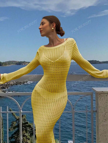 PARA BELEZA Vestido feminino primavera e verão, novo, bege, cor sólida, slim fit, sexy, sem costas, simples e atmosférico, de malha, manga comprida, lua de mel, casamento, temporada, praia, férias, estilo, transparente, vazado
