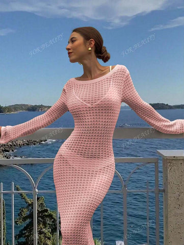 PARA BELEZA Vestido feminino primavera e verão, novo, bege, cor sólida, slim fit, sexy, sem costas, simples e atmosférico, de malha, manga comprida, lua de mel, casamento, temporada, praia, férias, estilo, transparente, vazado