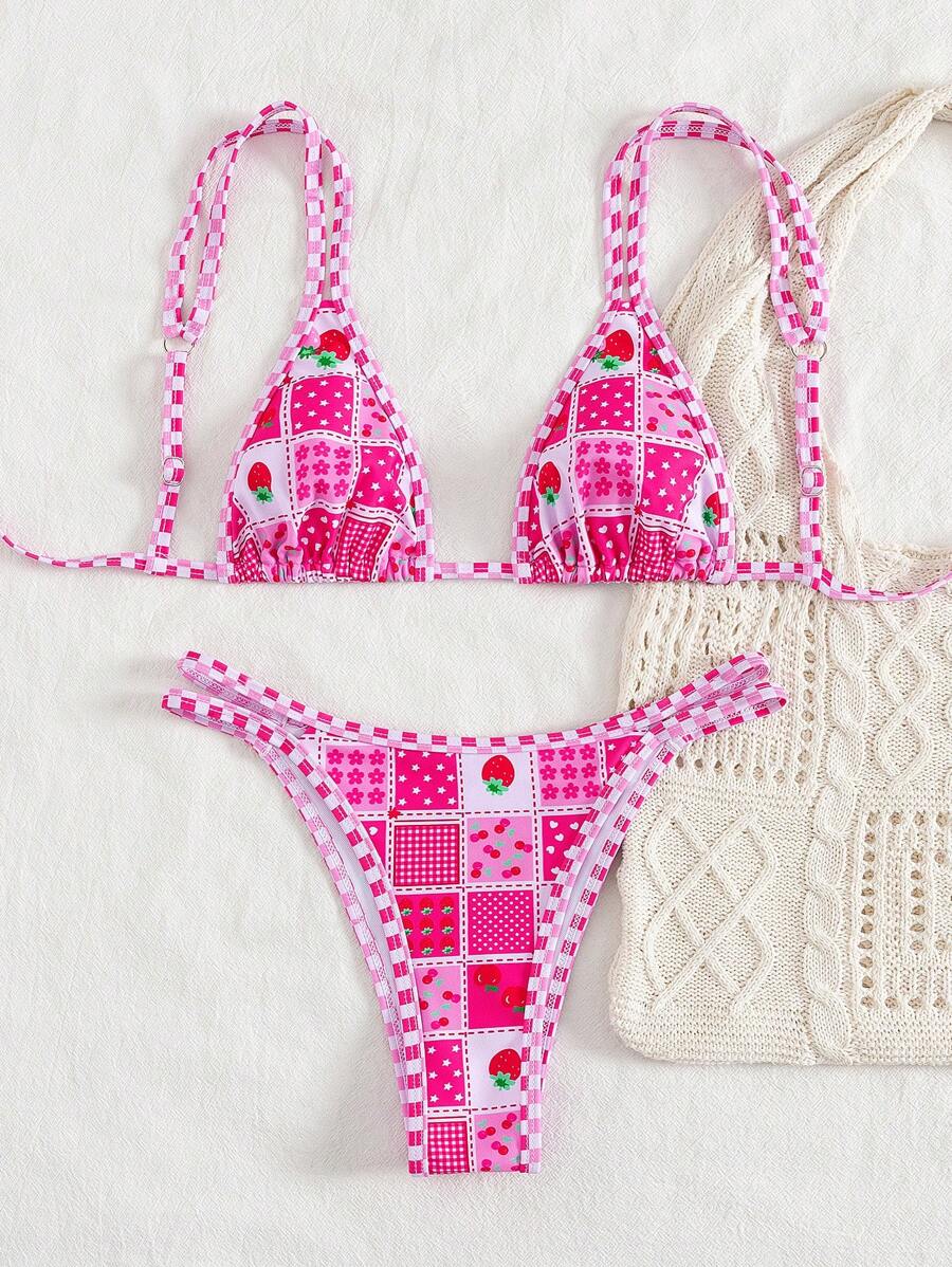 Conjunto de biquíni estilo boêmio com alças florais e costas nuas, 2 peças, moda praia para férias/feriados, primavera/verão