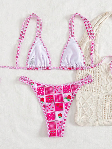 Conjunto de biquíni estilo boêmio com alças florais e costas nuas, 2 peças, moda praia para férias/feriados, primavera/verão