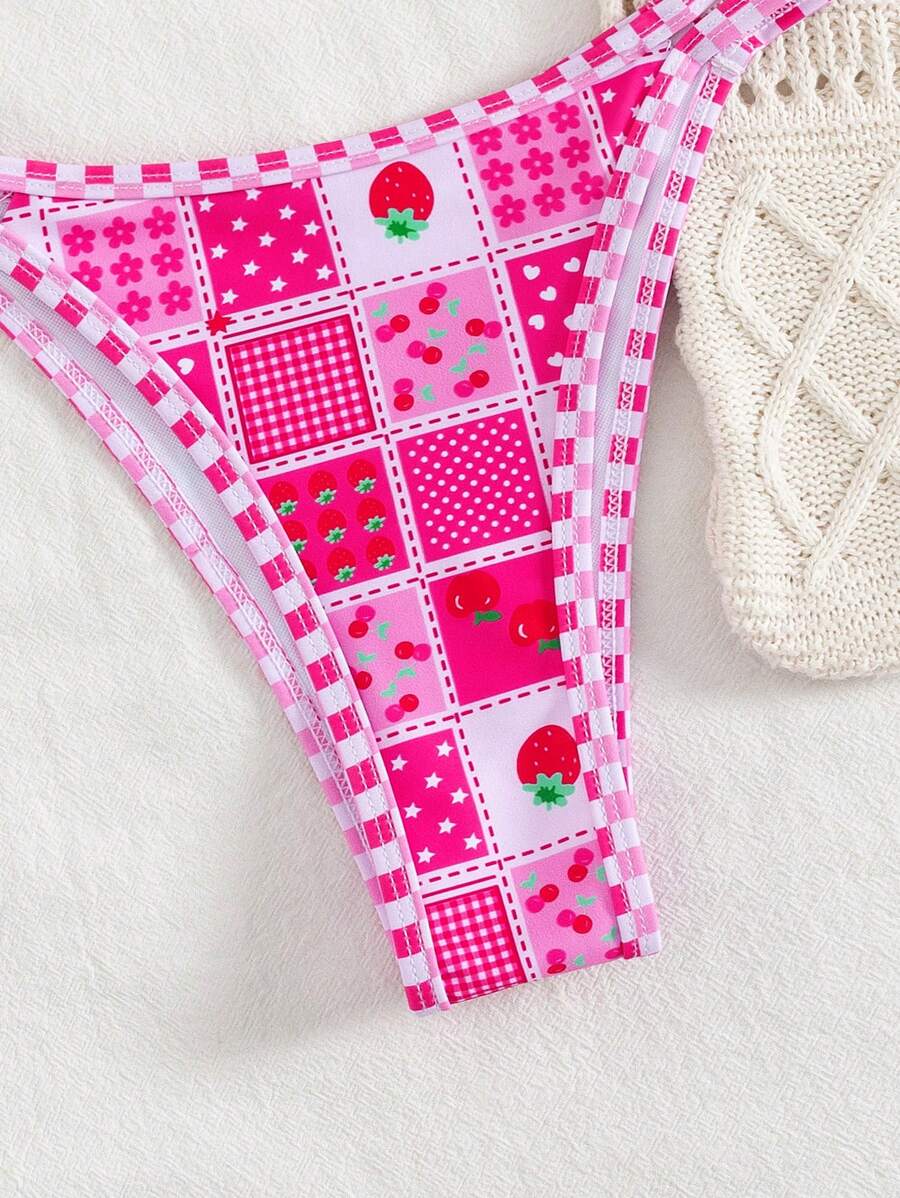 Conjunto de biquíni estilo boêmio com alças florais e costas nuas, 2 peças, moda praia para férias/feriados, primavera/verão