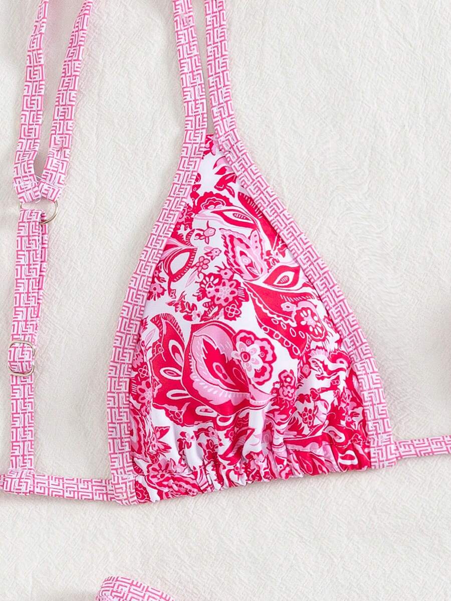 Conjunto de biquíni estilo boêmio com alças florais e costas nuas, 2 peças, moda praia para férias/feriados, primavera/verão