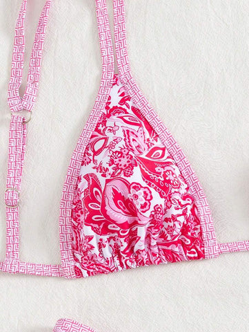 Conjunto de biquíni estilo boêmio com alças florais e costas nuas, 2 peças, moda praia para férias/feriados, primavera/verão