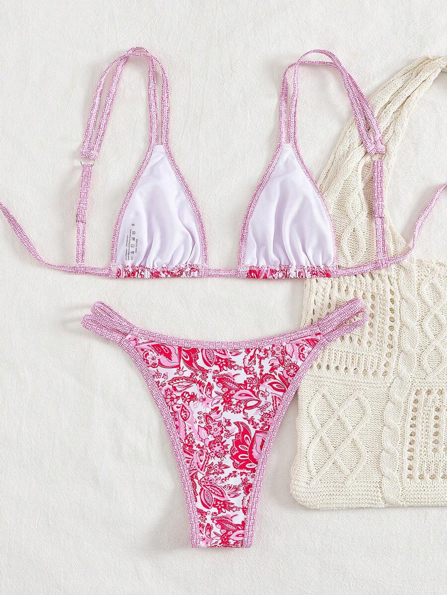 Conjunto de biquíni estilo boêmio com alças florais e costas nuas, 2 peças, moda praia para férias/feriados, primavera/verão