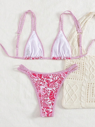 Conjunto de biquíni estilo boêmio com alças florais e costas nuas, 2 peças, moda praia para férias/feriados, primavera/verão