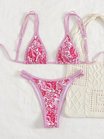 Conjunto de biquíni estilo boêmio com alças florais e costas nuas, 2 peças, moda praia para férias/feriados, primavera/verão