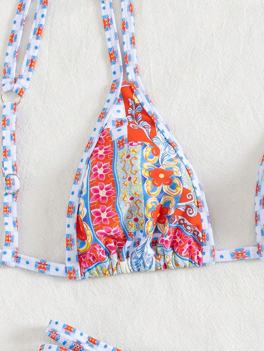 Conjunto de biquíni estilo boêmio com alças florais e costas nuas, 2 peças, moda praia para férias/feriados, primavera/verão