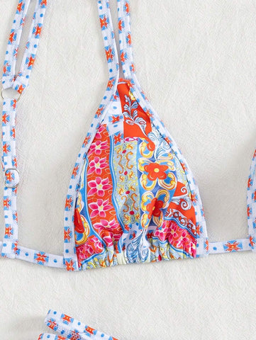 Conjunto de biquíni estilo boêmio com alças florais e costas nuas, 2 peças, moda praia para férias/feriados, primavera/verão