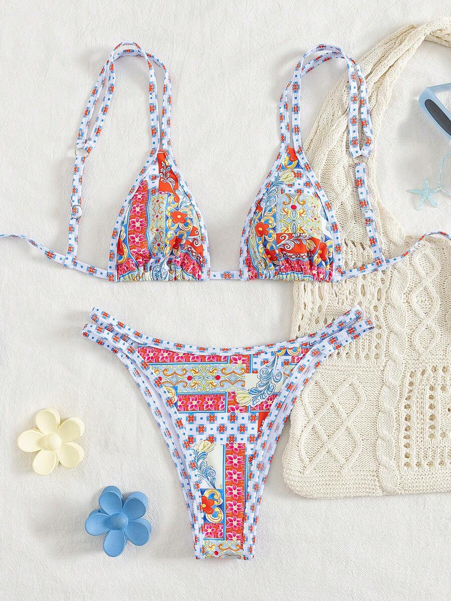 Conjunto de biquíni estilo boêmio com alças florais e costas nuas, 2 peças, moda praia para férias/feriados, primavera/verão