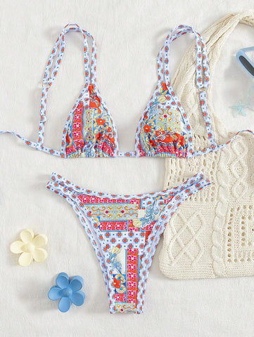 Conjunto de biquíni estilo boêmio com alças florais e costas nuas, 2 peças, moda praia para férias/feriados, primavera/verão
