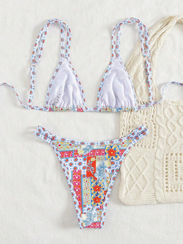 Conjunto de biquíni estilo boêmio com alças florais e costas nuas, 2 peças, moda praia para férias/feriados, primavera/verão