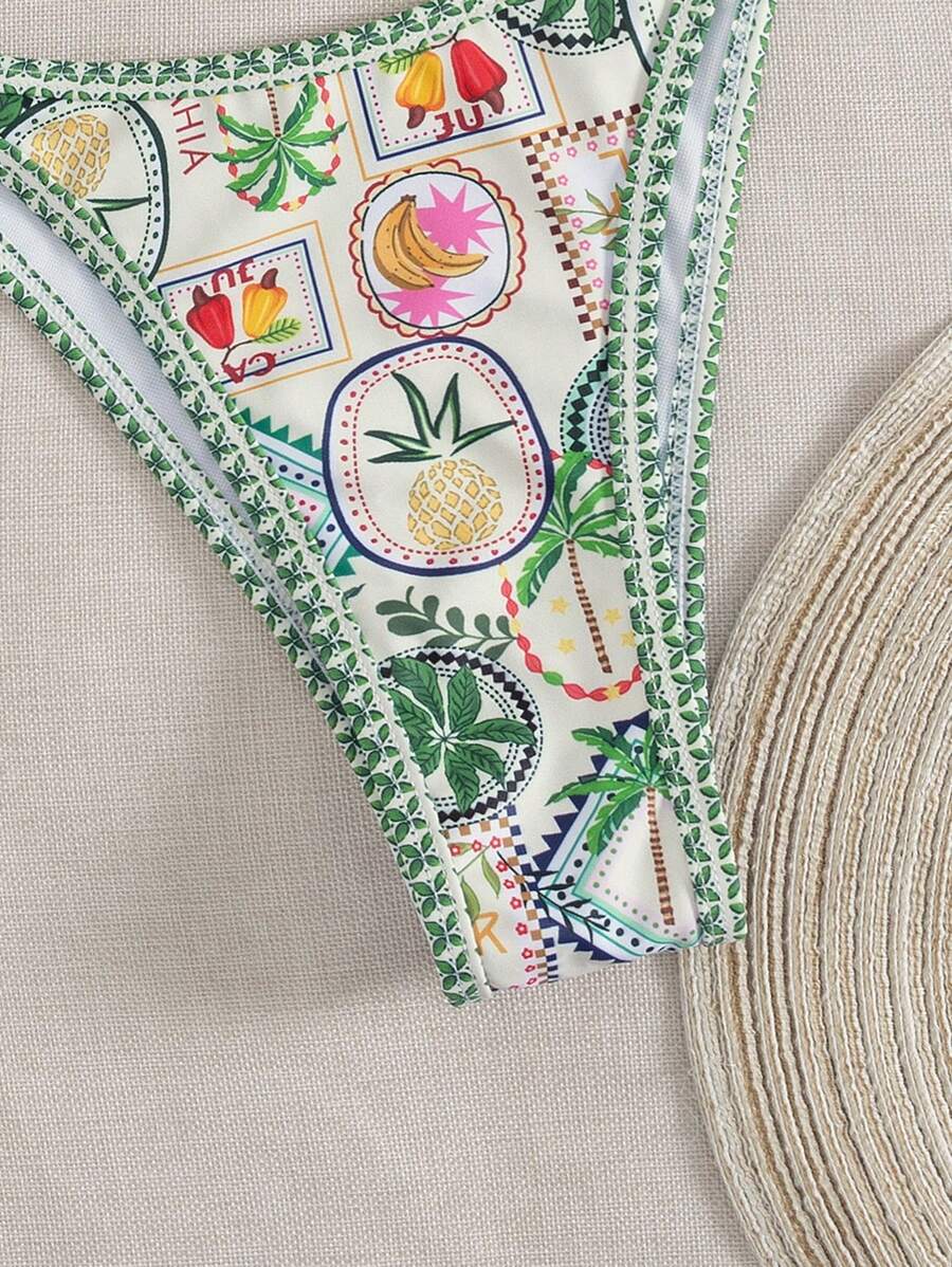 Conjunto de biquíni estilo boêmio com alças florais e costas nuas, 2 peças, moda praia para férias/feriados, primavera/verão