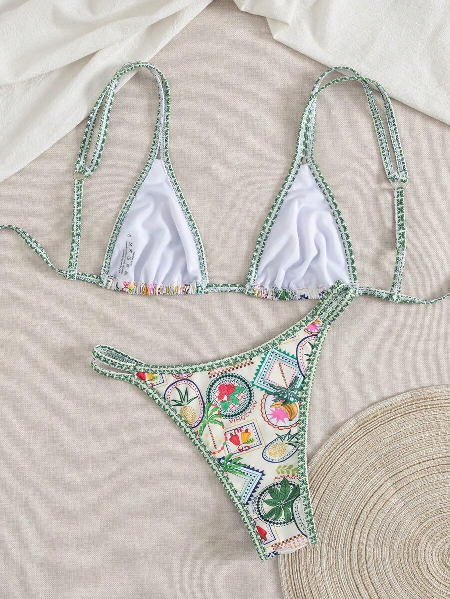 Conjunto de biquíni estilo boêmio com alças florais e costas nuas, 2 peças, moda praia para férias/feriados, primavera/verão