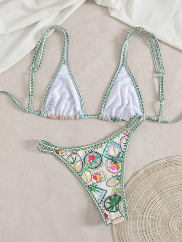 Conjunto de biquíni estilo boêmio com alças florais e costas nuas, 2 peças, moda praia para férias/feriados, primavera/verão