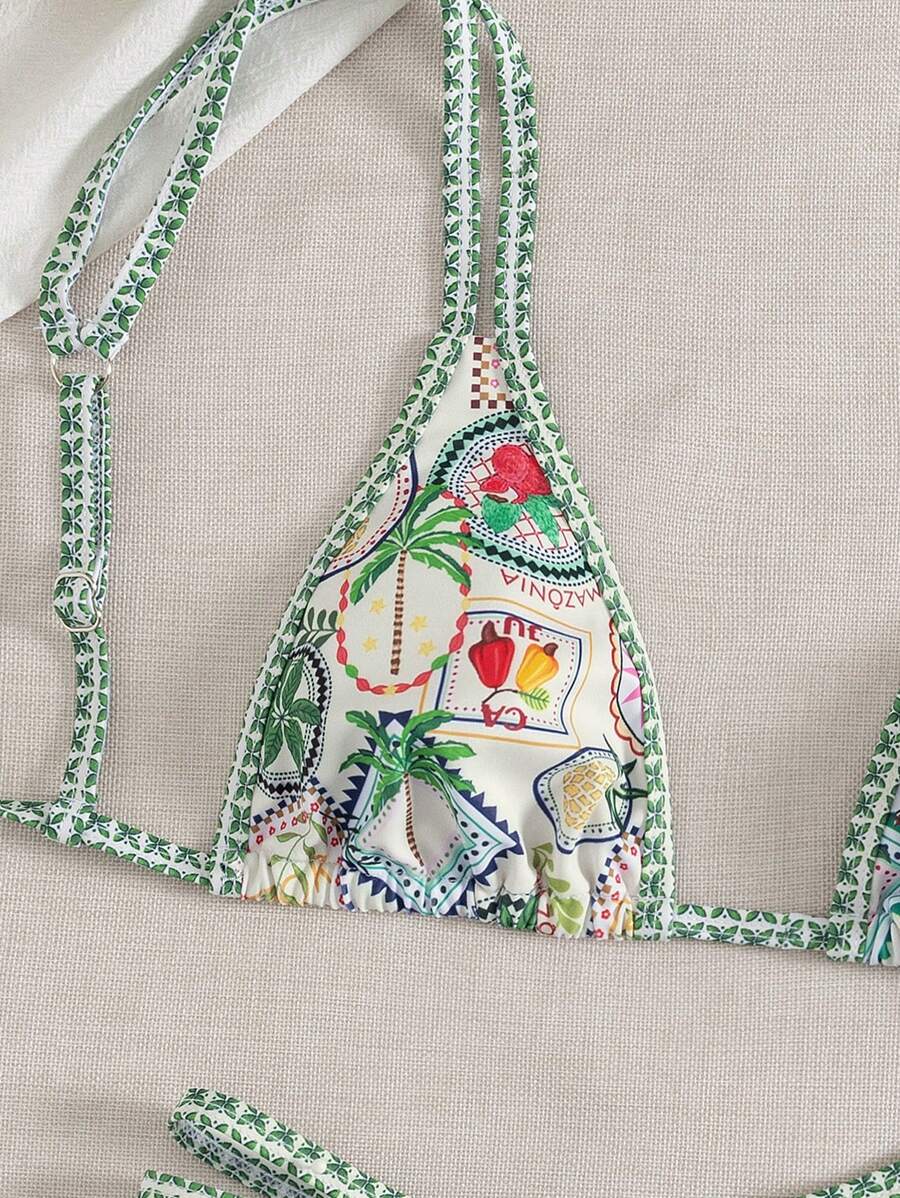 Conjunto de biquíni estilo boêmio com alças florais e costas nuas, 2 peças, moda praia para férias/feriados, primavera/verão