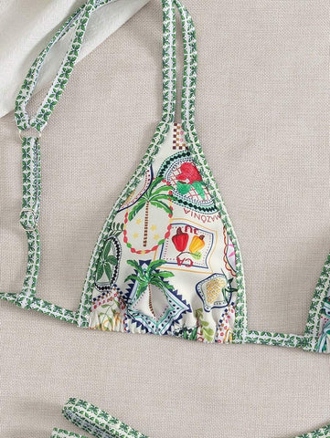 Conjunto de biquíni estilo boêmio com alças florais e costas nuas, 2 peças, moda praia para férias/feriados, primavera/verão