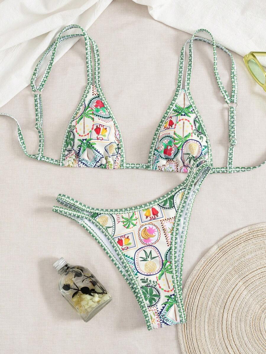 Conjunto de biquíni estilo boêmio com alças florais e costas nuas, 2 peças, moda praia para férias/feriados, primavera/verão