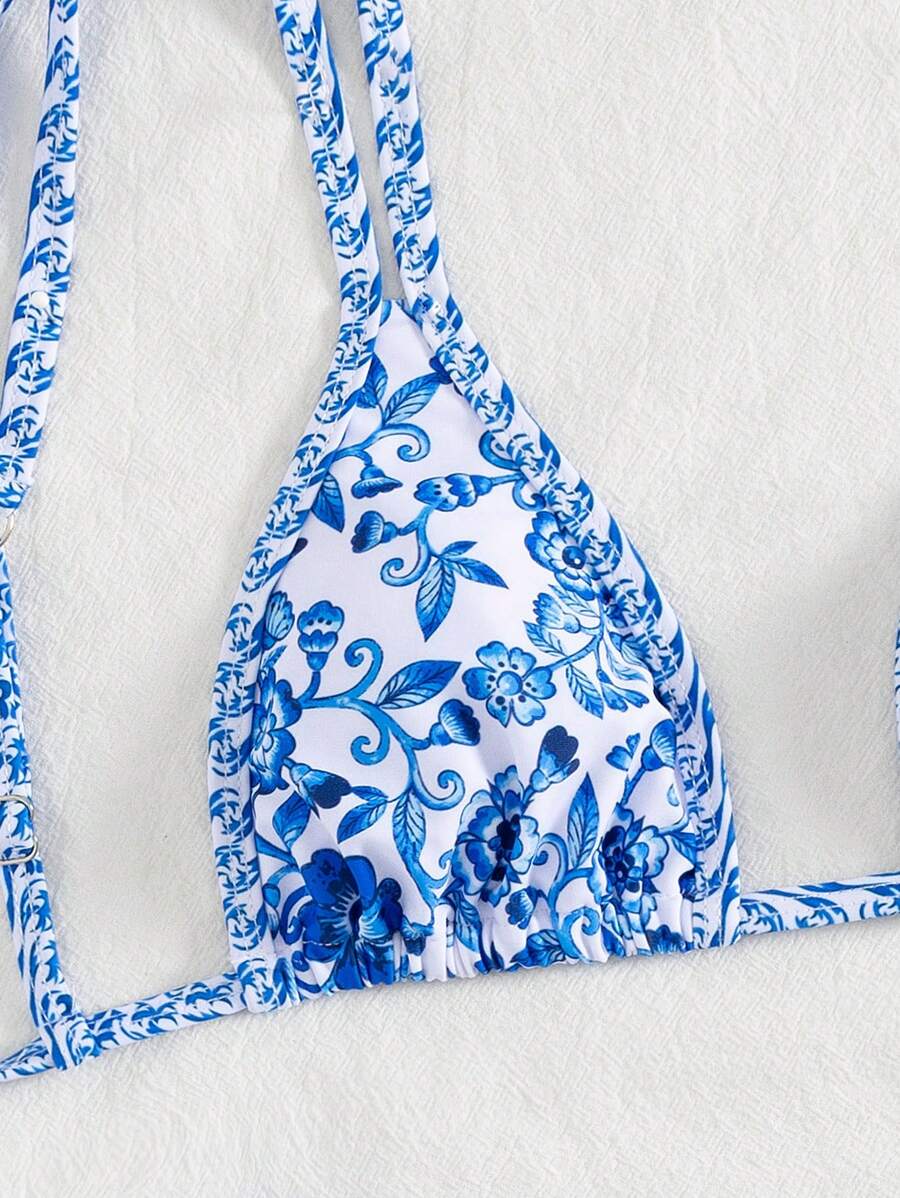 Conjunto de biquíni estilo boêmio com alças florais e costas nuas, 2 peças, moda praia para férias/feriados, primavera/verão
