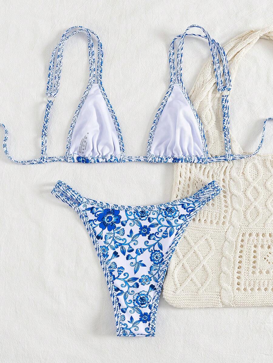 Conjunto de biquíni estilo boêmio com alças florais e costas nuas, 2 peças, moda praia para férias/feriados, primavera/verão