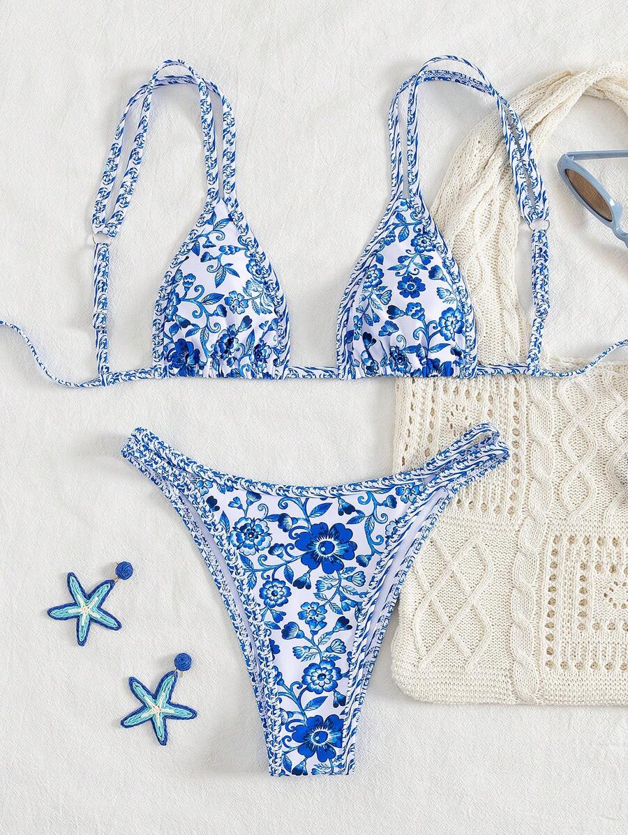 Conjunto de biquíni estilo boêmio com alças florais e costas nuas, 2 peças, moda praia para férias/feriados, primavera/verão