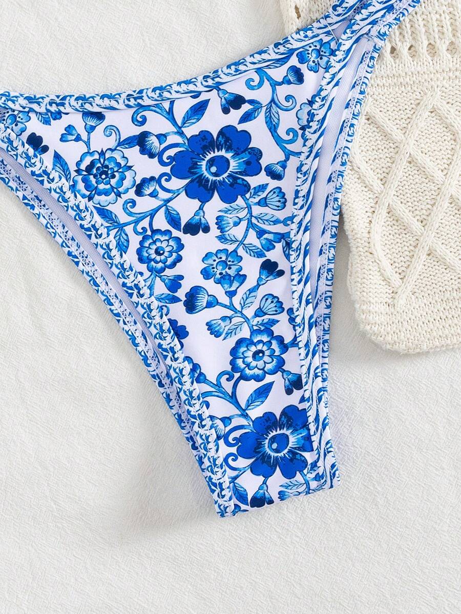 Conjunto de biquíni estilo boêmio com alças florais e costas nuas, 2 peças, moda praia para férias/feriados, primavera/verão