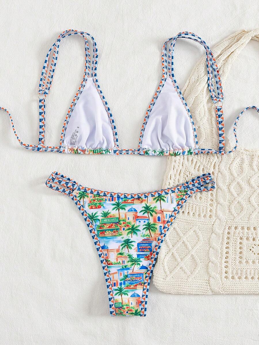 Conjunto de biquíni estilo boêmio com alças florais e costas nuas, 2 peças, moda praia para férias/feriados, primavera/verão