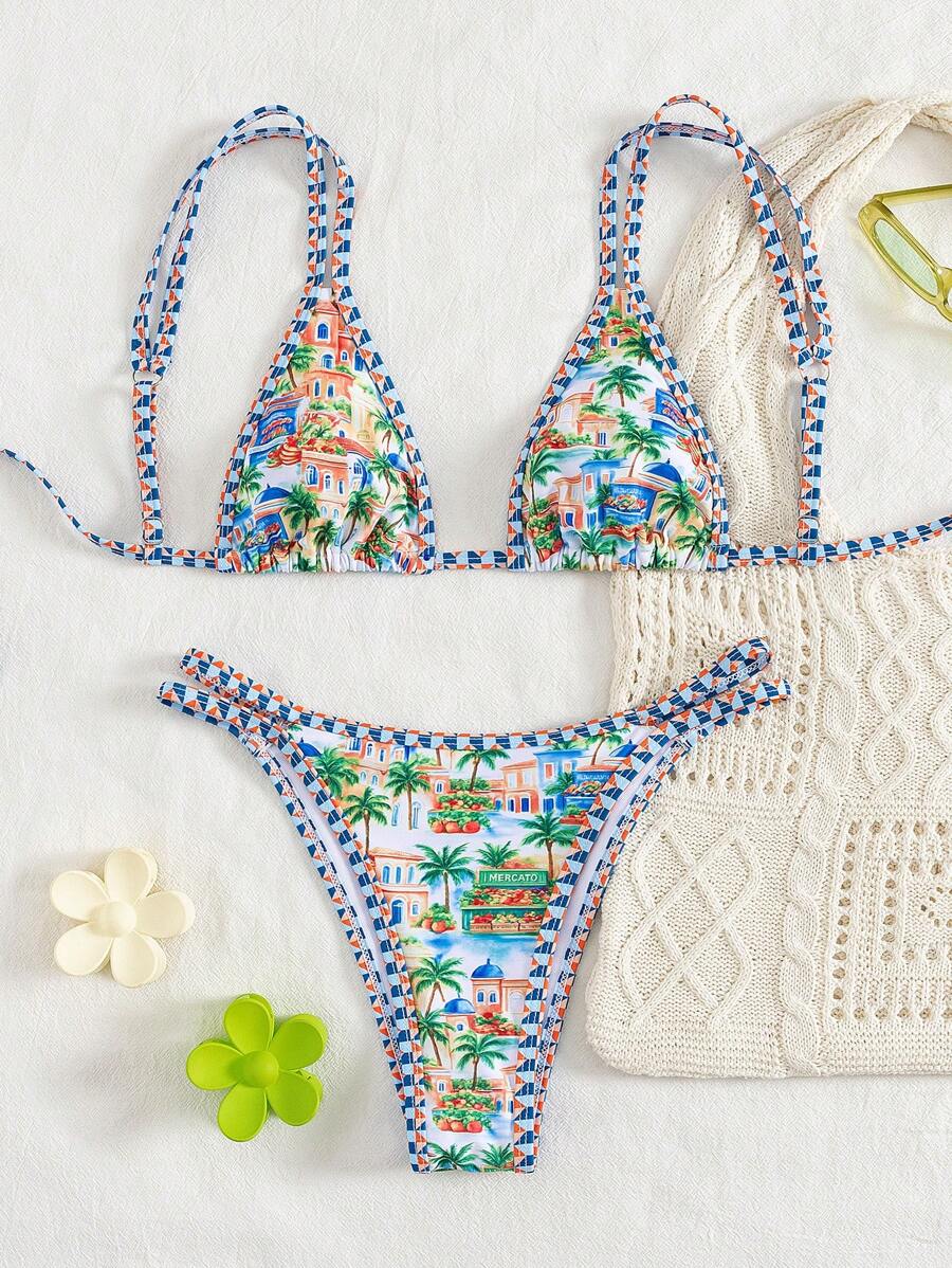 Conjunto de biquíni estilo boêmio com alças florais e costas nuas, 2 peças, moda praia para férias/feriados, primavera/verão