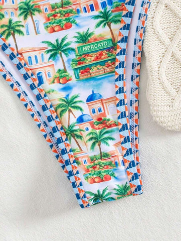 Conjunto de biquíni estilo boêmio com alças florais e costas nuas, 2 peças, moda praia para férias/feriados, primavera/verão