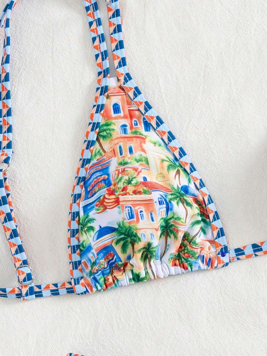 Conjunto de biquíni estilo boêmio com alças florais e costas nuas, 2 peças, moda praia para férias/feriados, primavera/verão