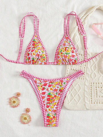 Conjunto de biquíni estilo boêmio com alças florais e costas nuas, 2 peças, moda praia para férias/feriados, primavera/verão