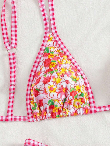 Conjunto de biquíni estilo boêmio com alças florais e costas nuas, 2 peças, moda praia para férias/feriados, primavera/verão