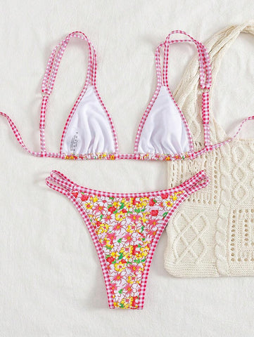 Conjunto de biquíni estilo boêmio com alças florais e costas nuas, 2 peças, moda praia para férias/feriados, primavera/verão