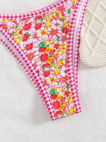 Conjunto de biquíni estilo boêmio com alças florais e costas nuas, 2 peças, moda praia para férias/feriados, primavera/verão