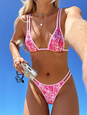 Conjunto de biquíni estilo boêmio com alças florais e costas nuas, 2 peças, moda praia para férias/feriados, primavera/verão