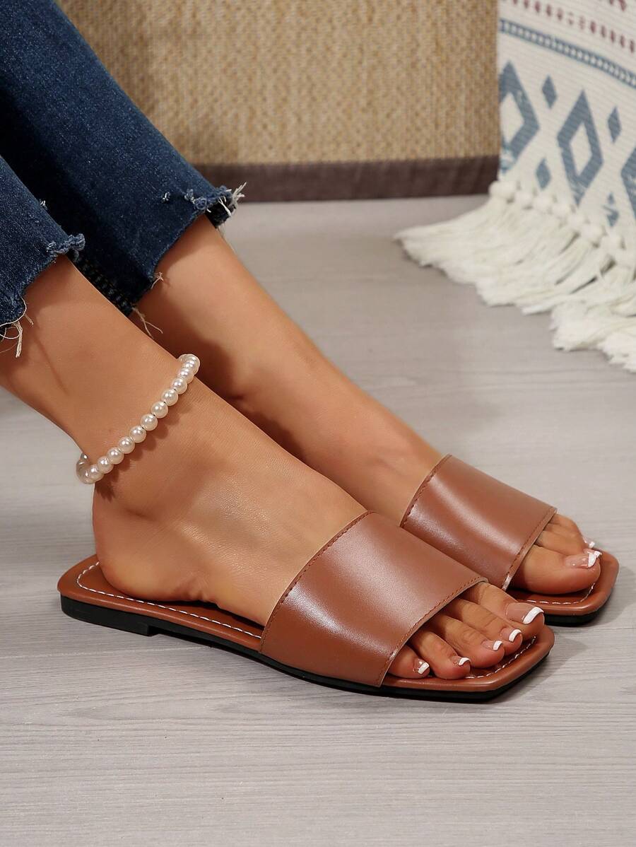 Sandálias Plus Size Slide, Novas Sandálias Rasas Pretas Bico Quadrado Primavera Verão, Combine com Vestidos para Fazer as Pernas Parecerem Mais Longas, Sandálias da Moda, Lindas Meninas Verão Praia Slip On Chinelos Antiderrapantes