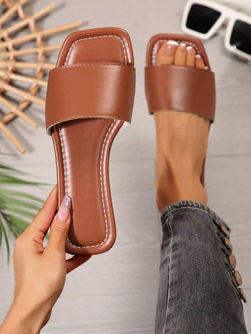 Sandálias Plus Size Slide, Novas Sandálias Rasas Pretas Bico Quadrado Primavera Verão, Combine com Vestidos para Fazer as Pernas Parecerem Mais Longas, Sandálias da Moda, Lindas Meninas Verão Praia Slip On Chinelos Antiderrapantes