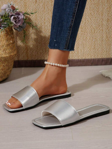 Sandálias Plus Size Slide, Novas Sandálias Rasas Pretas Bico Quadrado Primavera Verão, Combine com Vestidos para Fazer as Pernas Parecerem Mais Longas, Sandálias da Moda, Lindas Meninas Verão Praia Slip On Chinelos Antiderrapantes