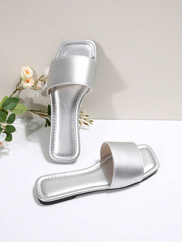 Sandálias Plus Size Slide, Novas Sandálias Rasas Pretas Bico Quadrado Primavera Verão, Combine com Vestidos para Fazer as Pernas Parecerem Mais Longas, Sandálias da Moda, Lindas Meninas Verão Praia Slip On Chinelos Antiderrapantes